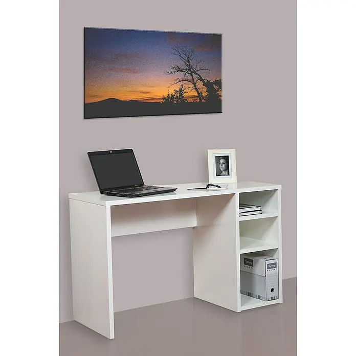 Meka Block Mesa de escritorio K-1606 - L x An x Al: 50 x 120 x 75 cm, Blanco - Un escritorio blanco con estanterías integradas y un portátil encima, debajo de un cuadro de la puesta de sol.