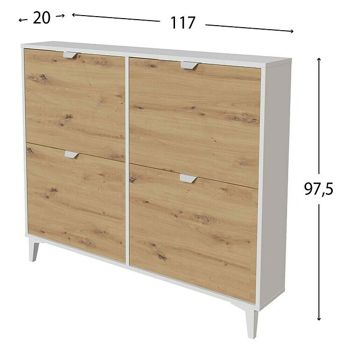Meka Block Zapatero K-642 (L x An x Al: 20 x 117 x 97,5 cm, Roble Albar/Blanco Soft, Número de compartimentos: 4 ud.) | BAUHAUS