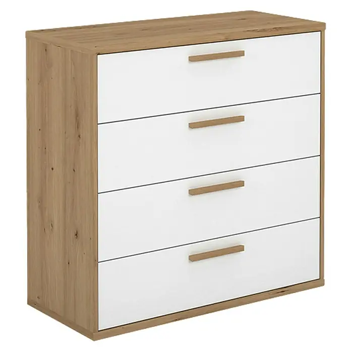 Meka Block Cómoda K-977 - L x An x Al: 88,2 x 40 x 86,5 cm, Roble Albar/Blanco Poro, Número de cajones: 4 ud. - Cómoda moderna de madera con cuatro cajones blancos y tiradores marrón claro, ideal para dormitorios o salones.