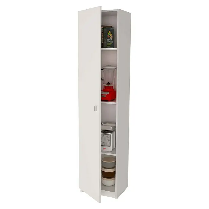 Meka Block Armario multiusos de madera K-8002 - 35,6 x 40 x 180 cm, Blanco, Número de puertas: 1 ud., Espesor: 16 mm - Despensa blanca con avena, batidora, báscula y tazones para el almacenamiento de la cocina.