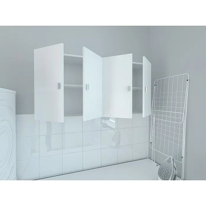 Meka Block Armario multiusos de madera K-8001 - L x An x Al: 26,5 x 60 x 60 cm, Blanco, Mueble colgado, Espesor: 16 mm - Tendedero blanco junto a una plancha y armarios blancos montados en una pared panelada.