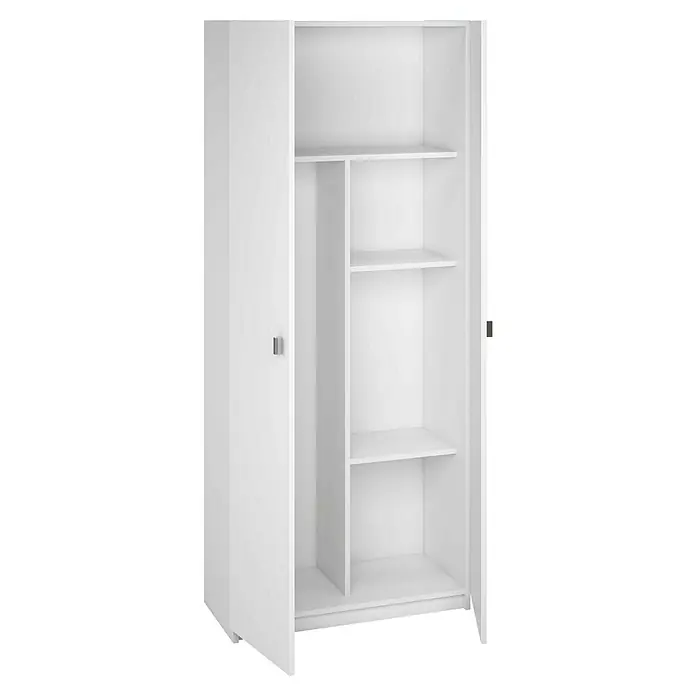 Meka Block Armario multiusos de madera K-8004 - 35,6 x 75 x 180 cm, Blanco, Número de puertas: 2 ud., Espesor: 16 mm - Un armario blanco abierto con estantes y una barra. Ofrece mucho espacio de almacenamiento para ropa y otros artículos.