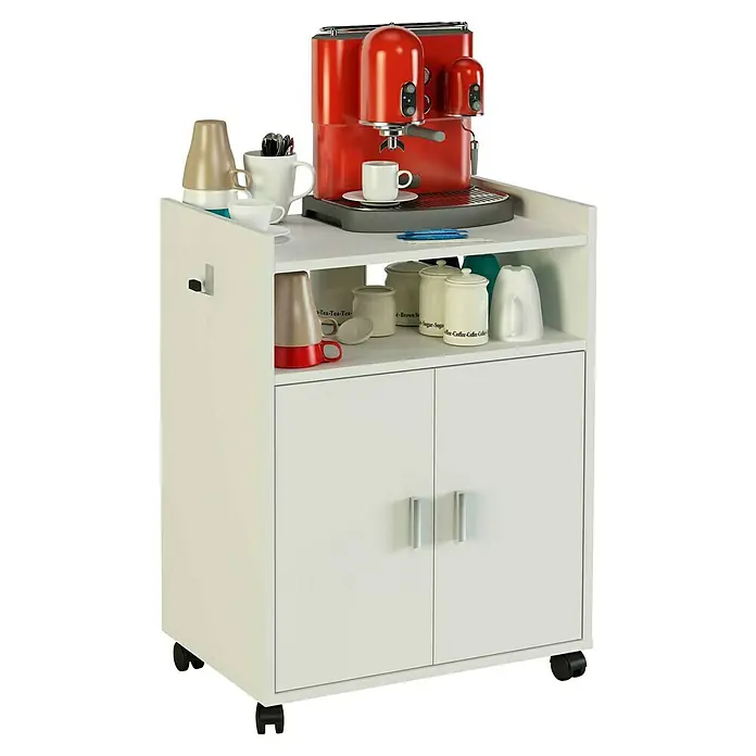 Meka Block Mueble auxiliar K-9420 - L x An x Al: 40 x 60 x 79,5 cm, Blanco, Ruedas - Imagen de un carrito de cocina blanco con una máquina de espresso roja y accesorios. Almacenamiento práctico con diseño elegante.