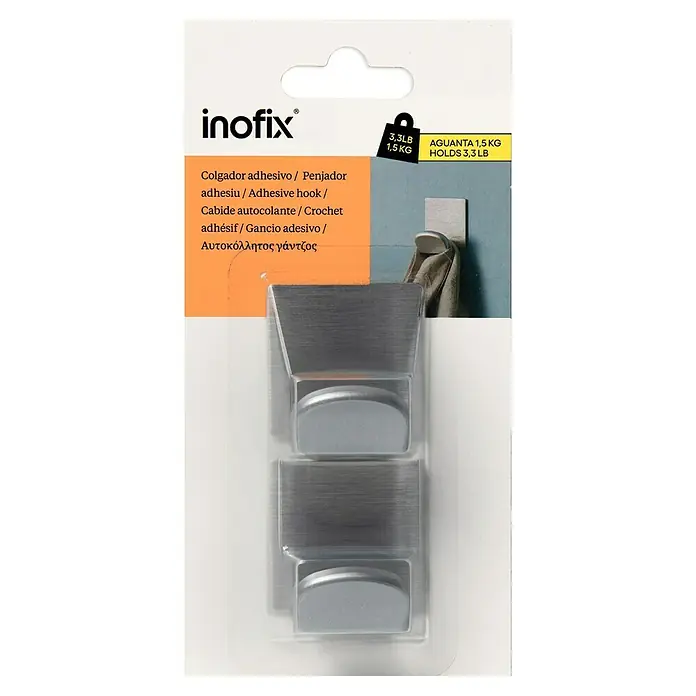 Inofix Colgador adhesivo 2078 - Acero inoxidable, Plateado, 2 ud., Cuadrado - Paquete de dos ganchos metálicos autoadhesivos Inofix, ideales para colgar toallas o utensilios, soporta hasta 1,5 kg.