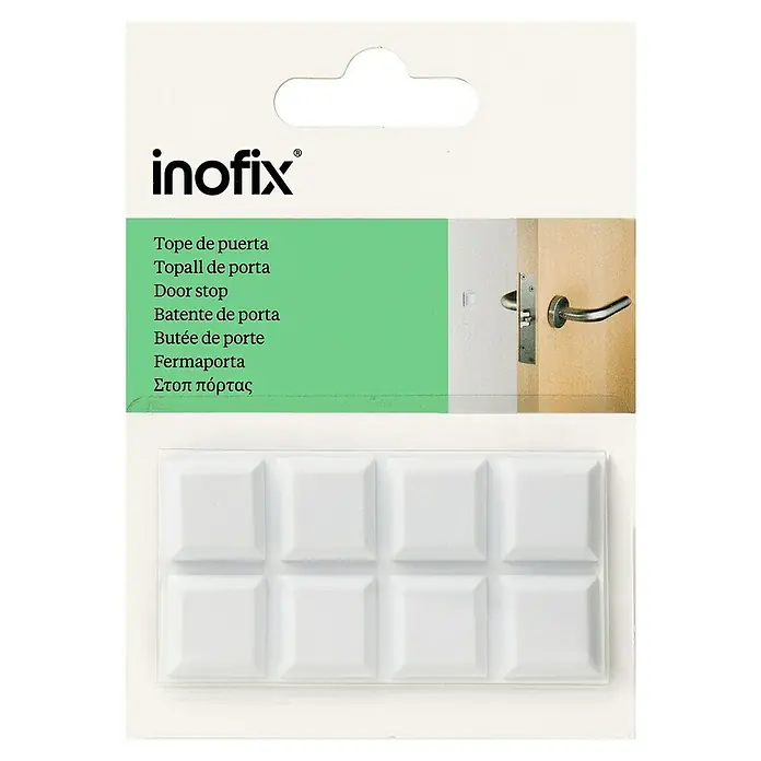 Inofix Tope de puerta 2090 - Plástico, Blanco - Paquete de topes de puerta Inofix. Los topes son blancos y cuadrados, diseñados para evitar golpes y daños.