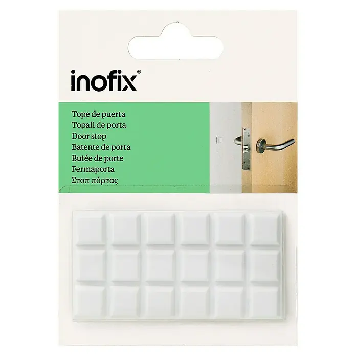 Inofix Tope de puerta 2091 - Plástico, Blanco - Paquete de topes para puerta Inofix: Almohadillas cuadradas autoadhesivas para proteger paredes y muebles de portazos. Fácil de aplicar.
