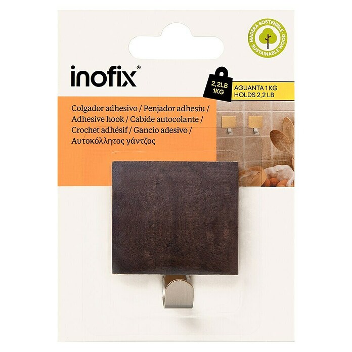 Inofix Colgador adhesivo 2320 (1 ud., Madera, Wengué, Cuadrado)