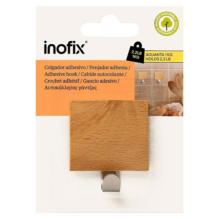Inofix Colgador adhesivo 2320 (1 ud., Madera, Haya, Cuadrado)