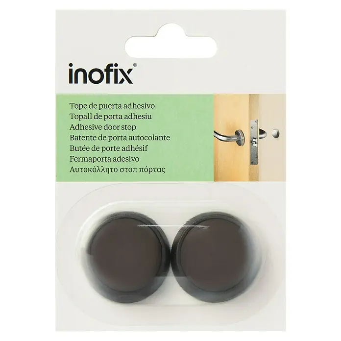 Inofix Tope de puerta 2450 - Plástico, Marrón - Primer plano de un paquete de topes de puerta Inofix, autoadhesivos, diseñados para proteger paredes y muebles de los portazos.