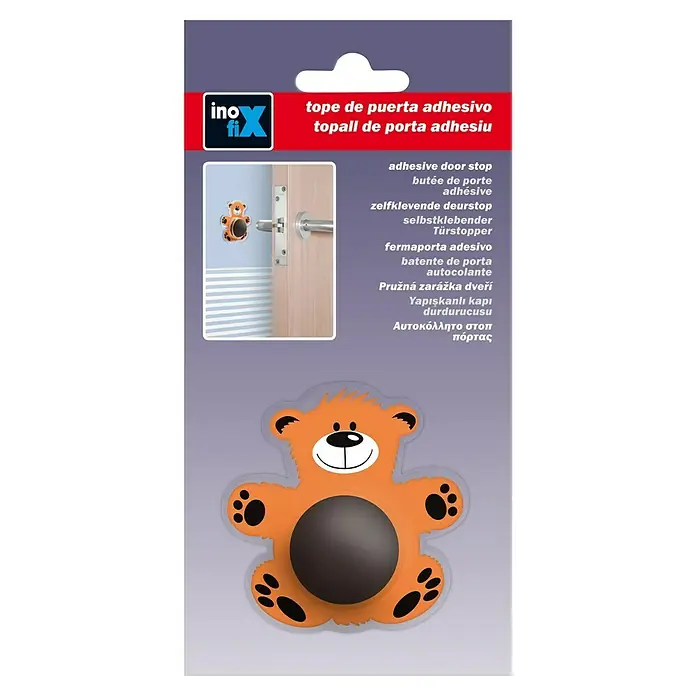 Inofix Tope de puerta infantil Oso - Plástico, Naranja - Tope de puerta adhesivo con forma de oso, diseñado para evitar portazos y proteger las paredes de daños.