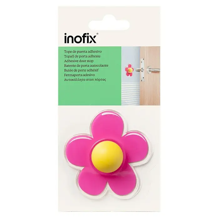 Inofix Tope de puerta infantil Flor - Plástico, Rosa - Imagen del producto de un tope de puerta Inofix con forma de flor rosa con centro amarillo, ideal para proteger paredes y muebles.