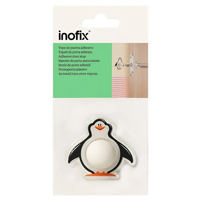 Inofix Tope de puerta infantil Pingüino - Plástico, Blanco/Negro - Embalaje de un tope de puerta adhesivo de Inofix con forma de pingüino, ideal para evitar daños en las puertas del hogar.