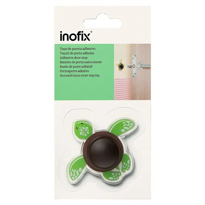 Inofix Tope de puerta infantil Tortuga - Plástico, Verde/Negro - Tope de puerta Inofix: Tope de puerta adhesivo con forma de tortuga, centro marrón y detalles verdes. Práctico y decorativo.