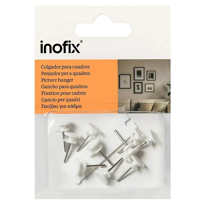 Inofix Gancho para colgar 3000 - Plástico, Montaje en la pared, Blanco - Paquete de colgadores de cuadros Inofix con cabezas de plástico blancas y clavos plateados para colgar cuadros.