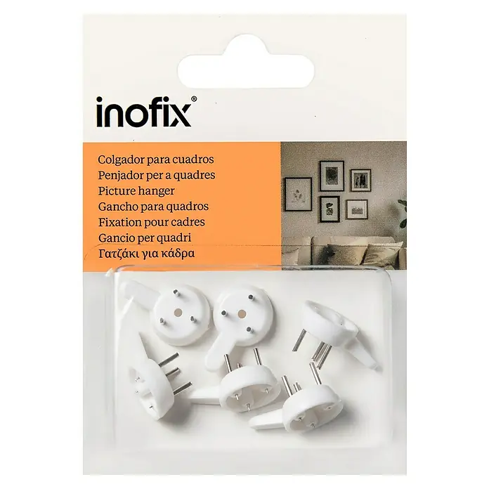 Inofix Gancho para colgar cuadros 3001 - Plástico, Blanco - Primer plano de colgadores para cuadros Inofix, ideales para colgar marcos y cuadros, con clavos para un montaje fácil.