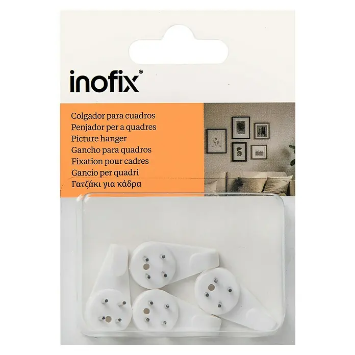 Inofix Gancho para colgar cuadros 3002 - Plástico, Blanco - Paquete de colgadores para cuadros Inofix, ideales para colgar cuadros y marcos, con clavos para una fijación a la pared fácil y segura.