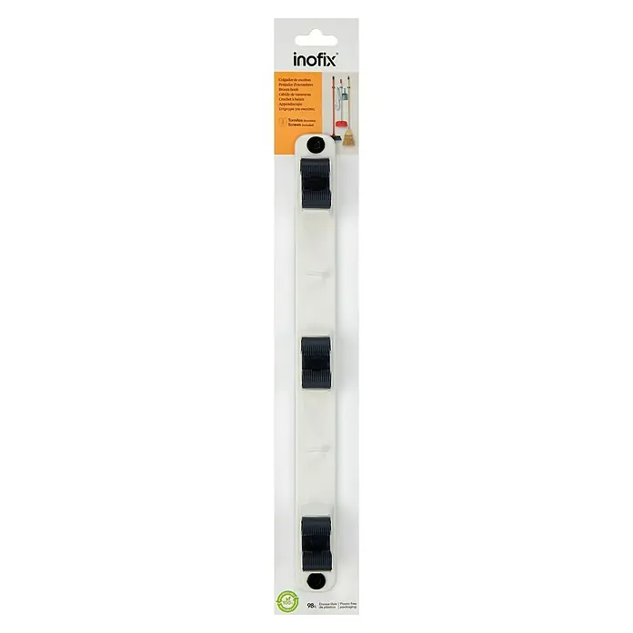 Inofix Colgador para herramientas 3034 - L x An x Al: 37 x 32 x 46 cm, Acero, Blanco - Soporte para escobas y herramientas con tres ranuras para montaje en pared, ideal para hogar, sótano o garaje.