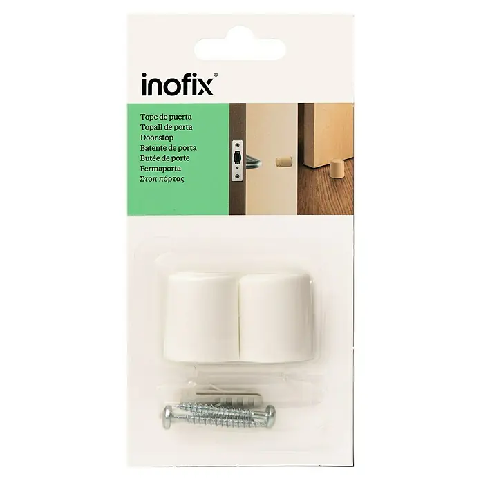Inofix Tope de puerta 3040 - Plástico, Blanco - Primer plano del embalaje de topes de puerta "Inofix", que muestra dos topes blancos y material de montaje.