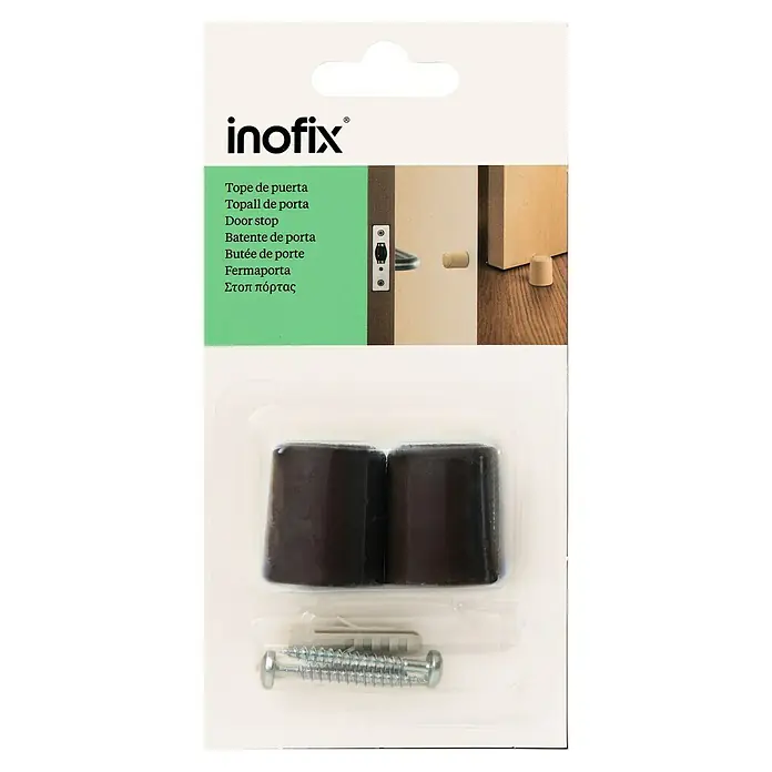 Inofix Tope de puerta 3040 - Plástico, Marrón - Embalaje de topes de puerta Inofix, que contiene dos topes marrones y tornillos de fijación.