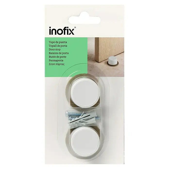 Inofix Tope de puerta 3042 - Plástico, Blanco - Un paquete de topes de puerta Inofix con dos topes blancos, tornillos y tacos en un envase de plástico transparente.