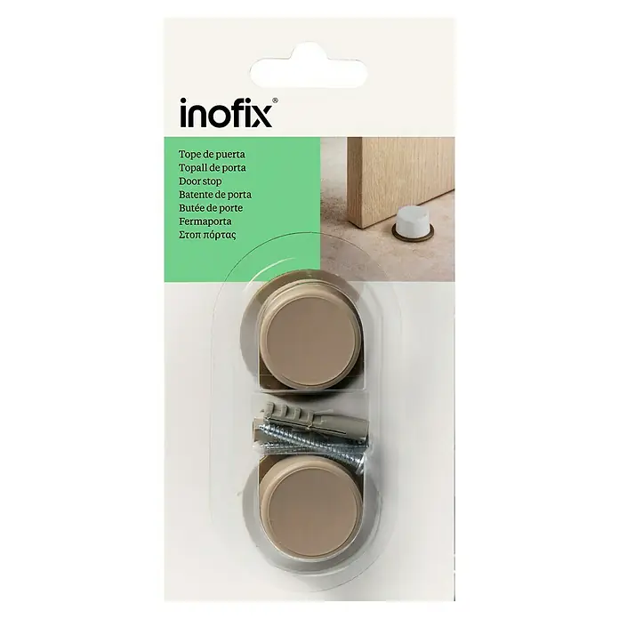 Inofix Tope de puerta 3042 - Plástico, Beige - Un paquete de topes de puerta Inofix que contiene dos topes de puerta, tornillos y tacos.