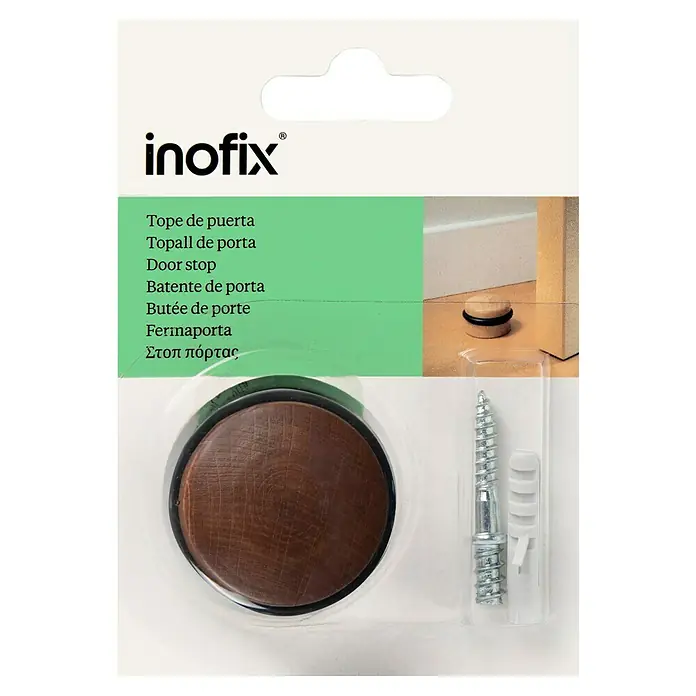 Inofix Tope de puerta 3045 - Madera, Marrón - Set de tope de puerta Inofix: Un tope redondo marrón con tornillo para una fácil instalación, ideal para mantener las puertas abiertas.