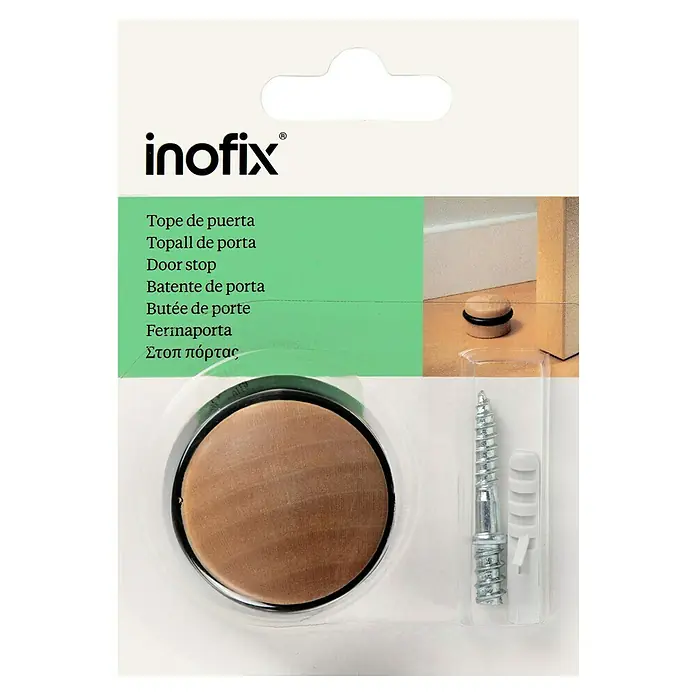 Inofix Tope de puerta 3045 - Madera, Roble - Contenido del paquete de un tope de puerta Inofix con tornillo y taco. El tope de puerta es de metal y tiene una superficie marrón.