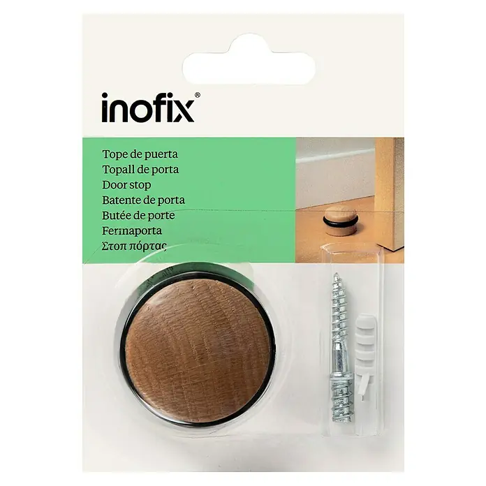 Inofix Tope de puerta 3045 - Madera, Haya - Primer plano de un paquete de tope de puerta Inofix con tornillo y taco, ideal para proteger paredes y muebles.