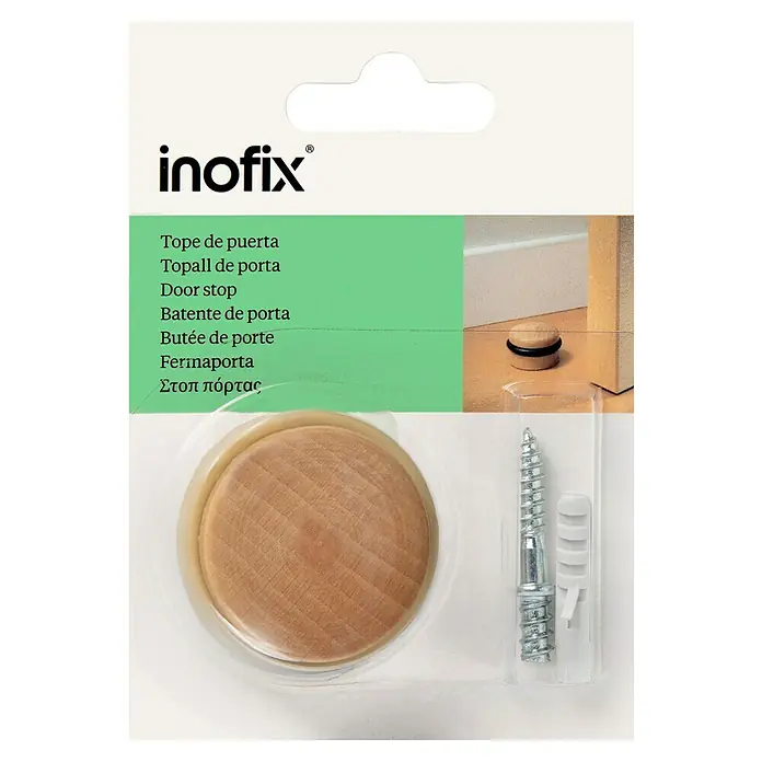 Inofix Tope de puerta 3046 - Madera, Atornillado, Haya - Tope de puerta de madera Inofix empaquetado con tornillo y taco para una fácil instalación. Protección práctica para paredes y muebles.