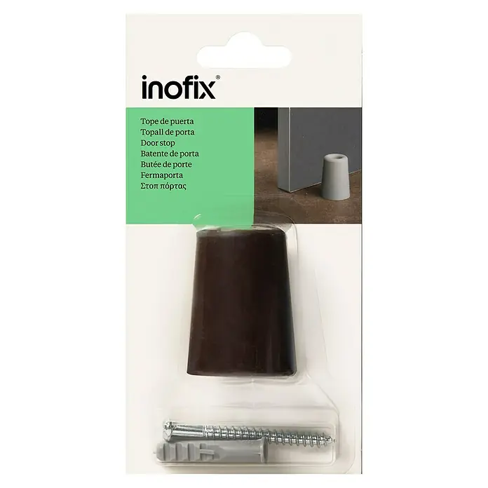 Inofix Tope de puerta 3047 - Caucho macizo, Marrón - Embalaje de un tope de puerta marrón Inofix con material de fijación.