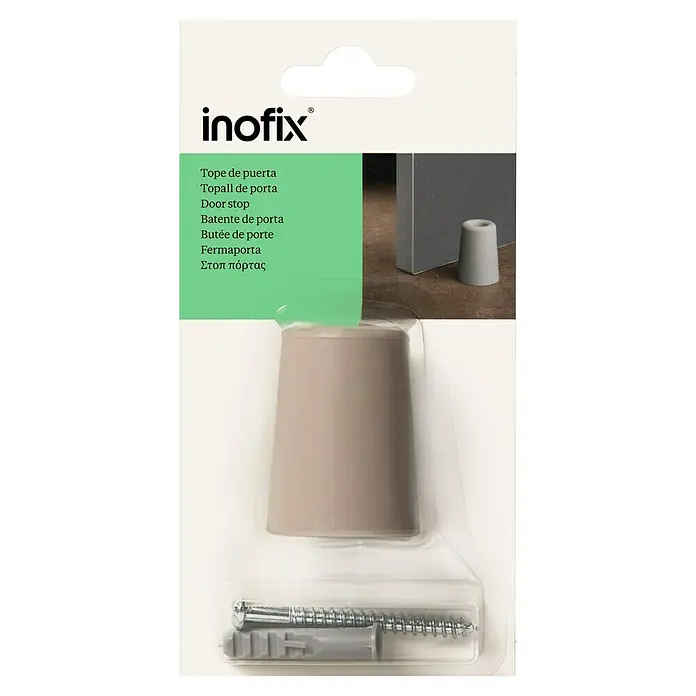 Inofix Tope de puerta 3047 - Caucho macizo, Beige - Un juego de tope de puerta Inofix, que consta de un tope de puerta, un tornillo y un taco de pared, empaquetado para la venta al por menor.
