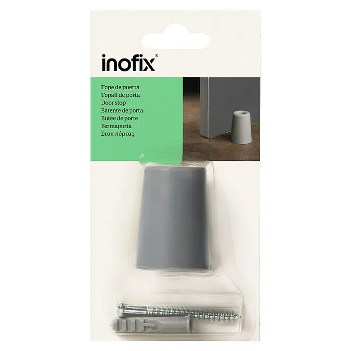 Inofix Tope de puerta 3047 - Caucho macizo, Gris - Imagen de un tope de puerta gris de Inofix, empaquetado con tornillos para el montaje.