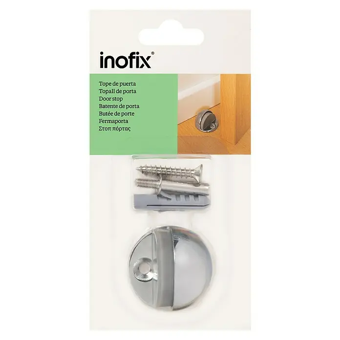 Inofix Tope de puerta 3049 - Metal, Cromo - Un paquete de Inofix topes de puerta con material de montaje, ideal para proteger paredes y muebles.