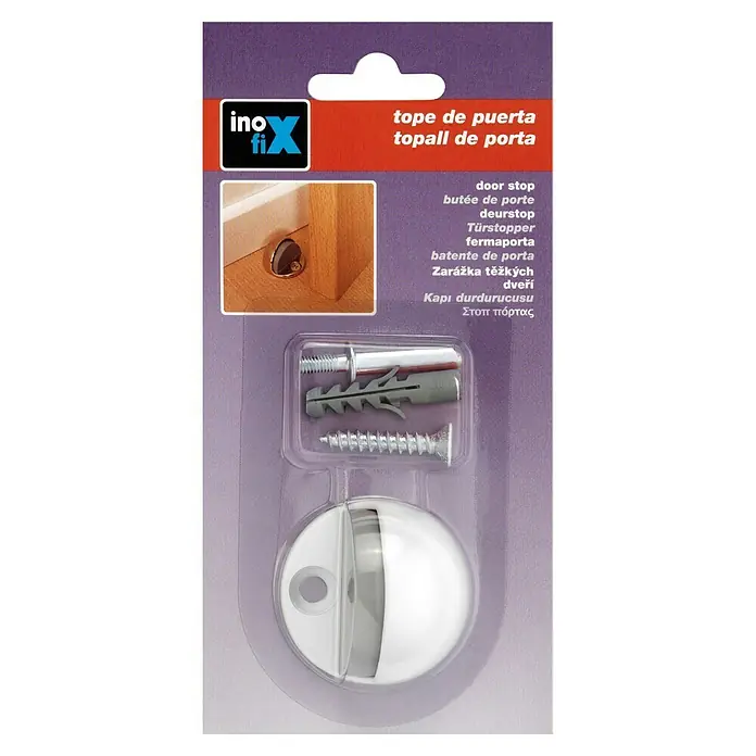 Inofix Tope de puerta 3049 - Metal, Blanco - Embalaje de un tope de puerta con tornillos y tacos para el montaje.