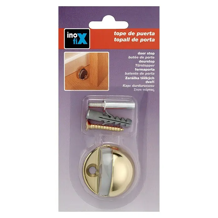 Inofix Tope de puerta 3049 - Metal, Oro - Imagen de un embalaje de tope de puerta dorado con accesorios, ideal para proteger paredes y muebles.