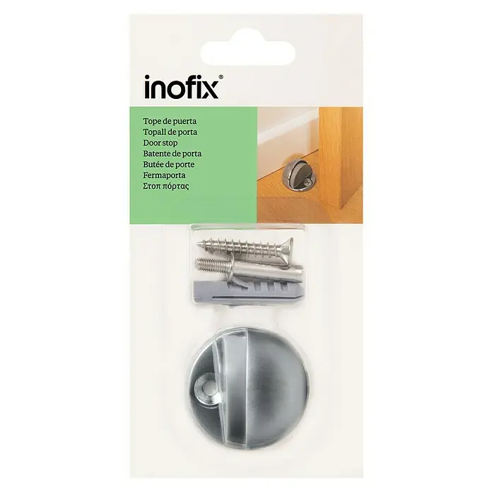 Inofix Tope de puerta 3049 - Metal, Gris metalizado - Primer plano de un tope de puerta Inofix con herrajes de montaje, ideal para asegurar puertas y proteger paredes.