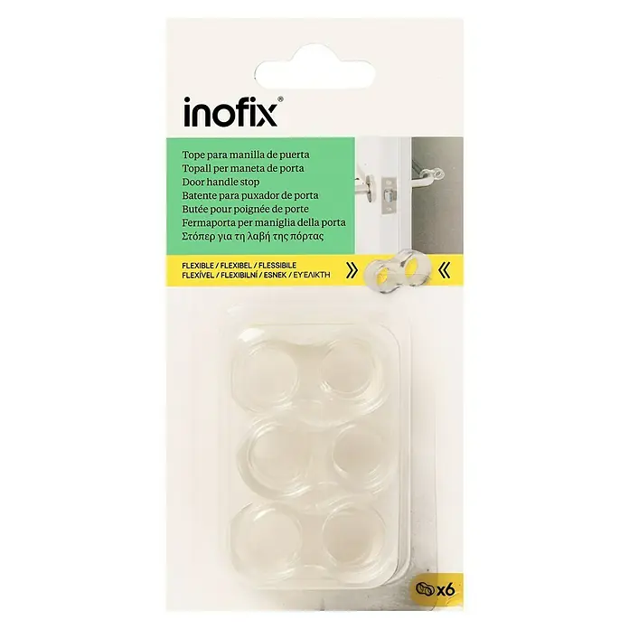 Inofix Tope de puerta 3054 - Transparente, Plástico, 6 ud. - Imagen del embalaje de los topes para manilla de puerta Inofix, flexibles y disponibles en un paquete transparente de 6.