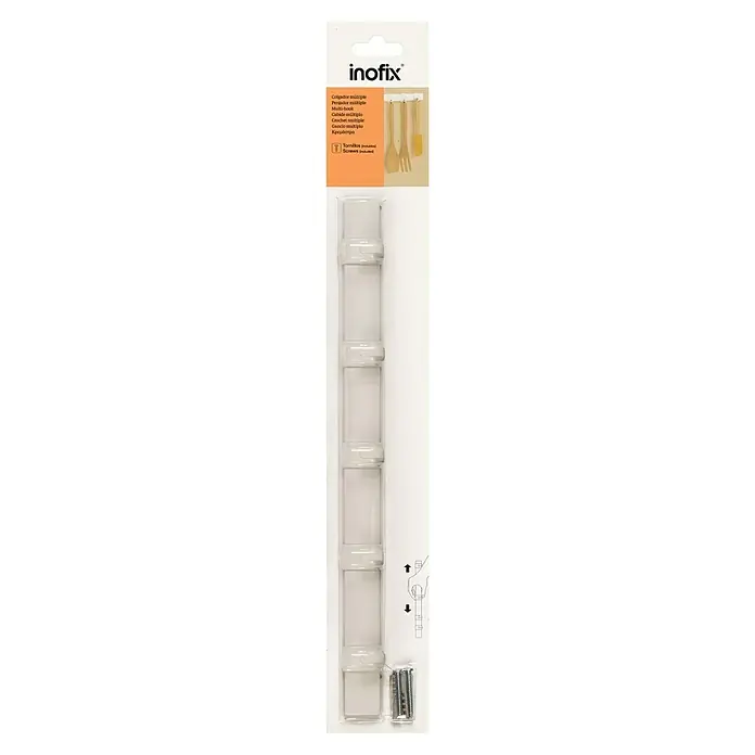 Inofix Perchero 3075 - L x An x Al: 35 x 2,8 x 2,5 cm, Acero, Blanco - Juego de ganchos múltiples Inofix con tornillos, perfecto para organizar tu cocina o baño. Fácil de instalar.