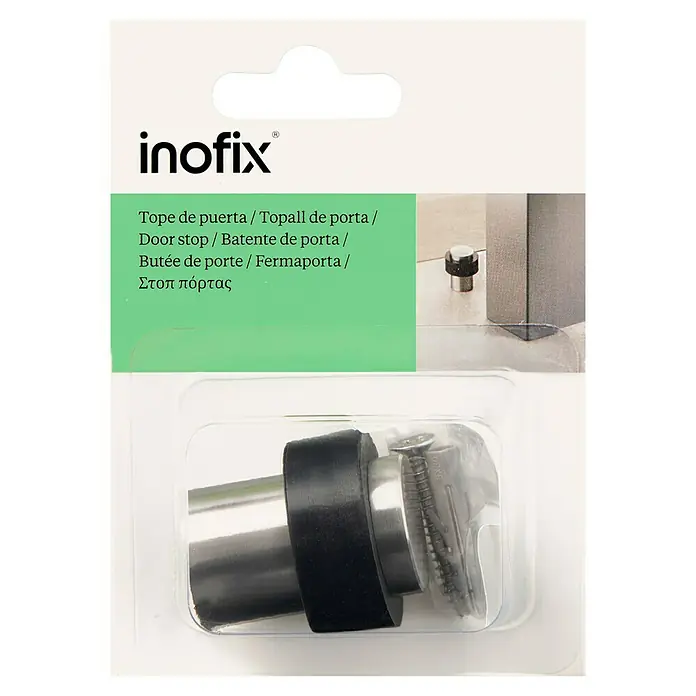 Inofix Tope de puerta 3162 - Acero inoxidable, Plateado/Negro - Detalle de un paquete de tope de puerta Inofix, con el tope, tornillo y conector, empaquetado en un blister de plástico transparente.