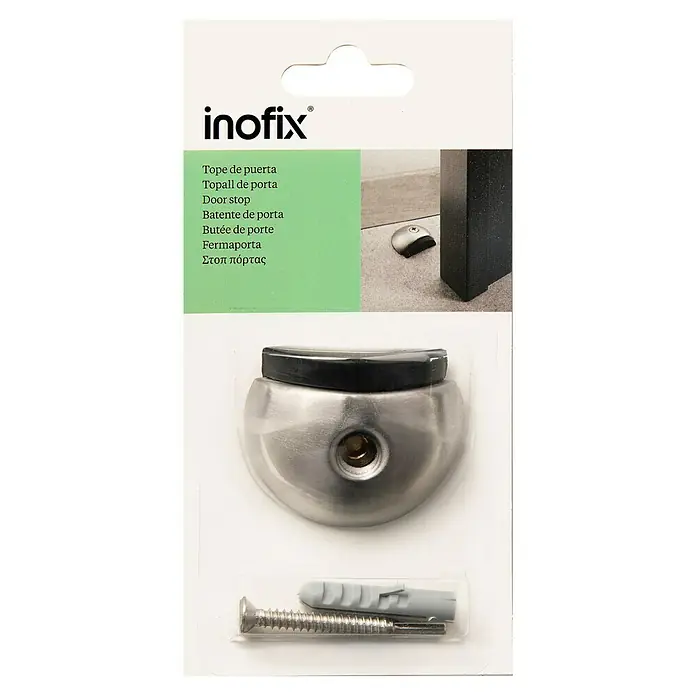 Inofix Tope de puerta 3163 - Acero inoxidable, Plateado/Negro - Imagen de un pack de tope de puerta Inofix con tornillo de fijación, perfecto para proteger paredes y muebles de los portazos.