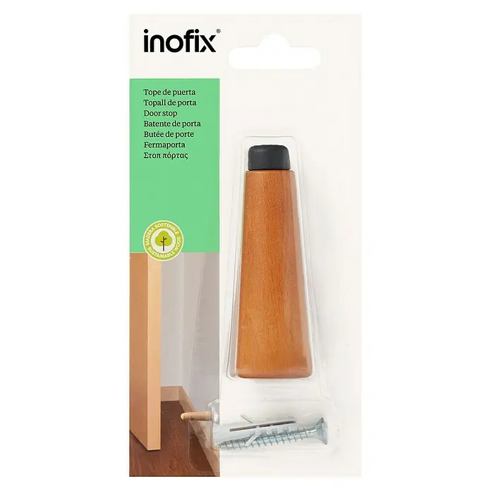Inofix Tope de puerta 3165 - Madera, Marrón - Embalaje de un tope de puerta de madera Inofix con tornillos y tacos para su fijación a suelos.