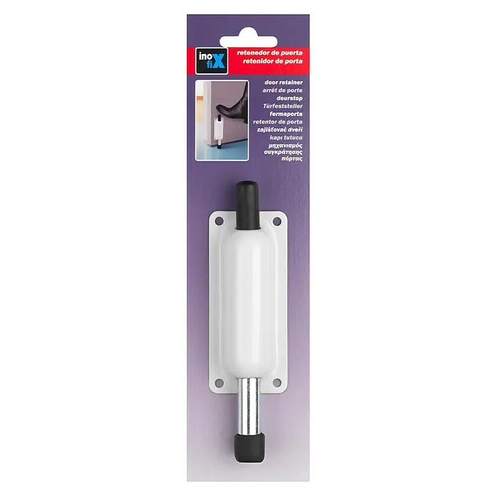 Inofix Tope fijador - L x An x Al: 25 x 44 x 154 mm, Atornillado, Blanco - Primer plano de un paquete de retenedor de puerta, una herramienta práctica para mantener las puertas abiertas y protegerlas de portazos.