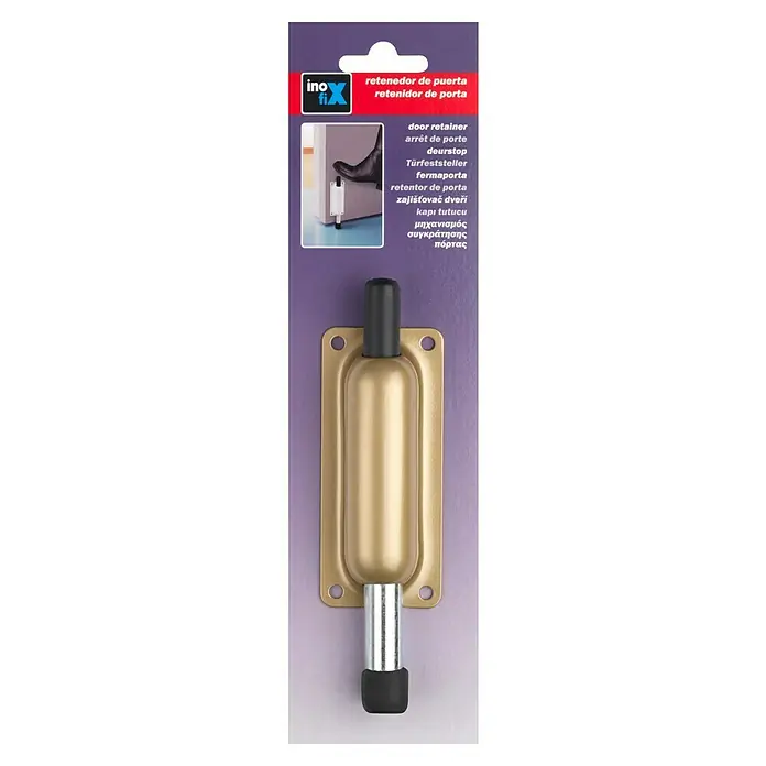 Inofix Tope fijador - L x An x Al: 25 x 44 x 154 mm, Atornillado, Oro - Aquí hay un retenedor de puerta de color dorado con un tope de goma negro, presentado en el empaque del producto.