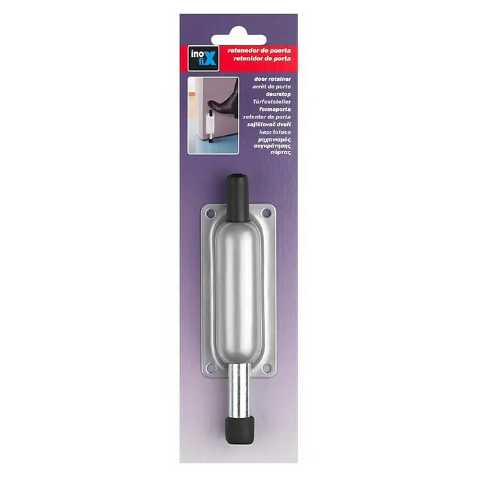 Inofix Tope fijador - L x An x Al: 25 x 44 x 154 mm, Atornillado, Cromo - Embalaje de un tope de puerta metálico con tope de goma negra, diseñado para asegurar puertas.