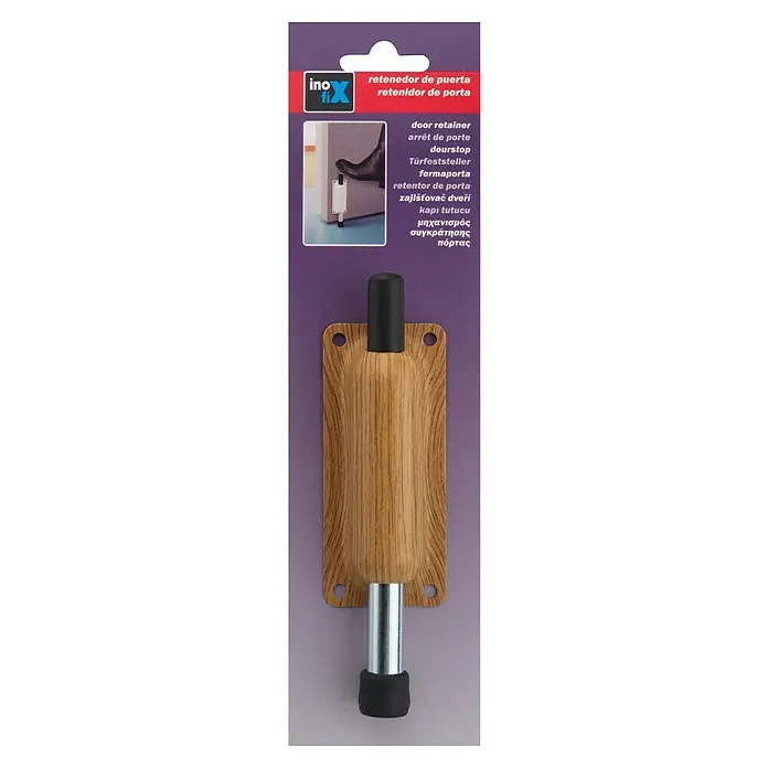 Inofix Tope fijador - L x An x Al: 25 x 44 x 154 mm, Atornillado, Marrón - Retenedor de puerta de madera y metal con tapón de goma para montaje en pared.
