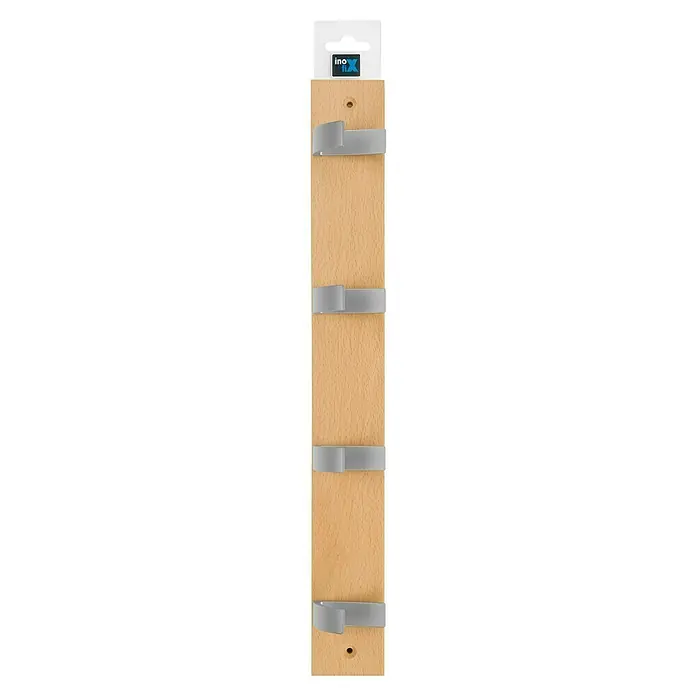 Inofix Perchero 3704 - L x An x Al: 49 x 6 x 6 cm, Madera, Natural - Un llavero de madera de Inofix con cuatro ganchos plateados para guardar llaves. Práctico y decorativo.