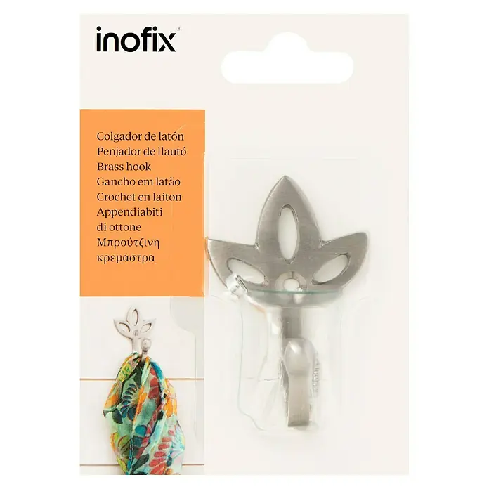 Inofix Gancho para colgar 3751 - An x Al: 4 x 6,6 cm, Latón, Niquelado - Un colgador de latón Inofix en forma de hoja, perfecto para almacenamiento y decoración elegantes en el hogar.