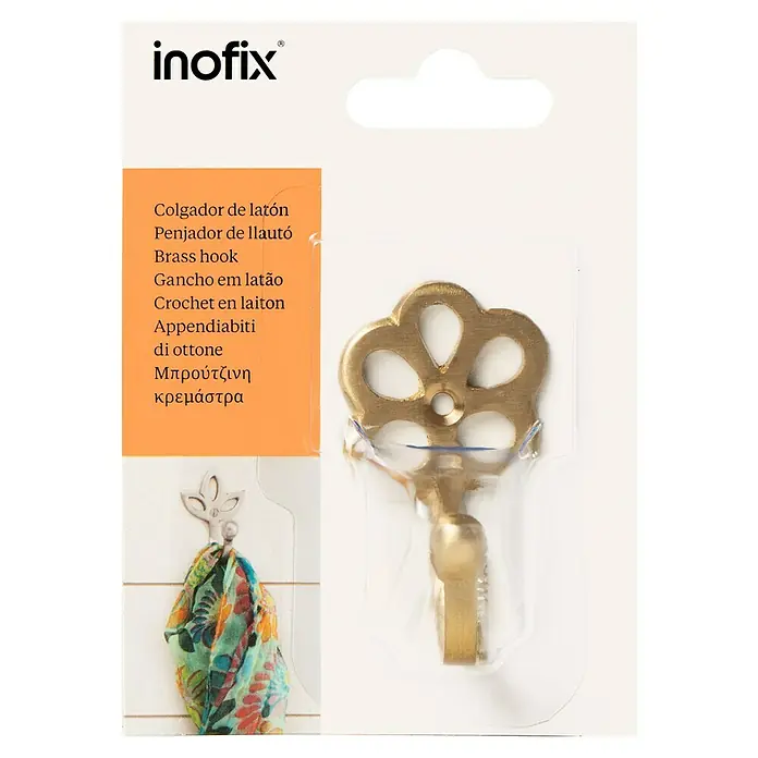 Inofix Gancho para colgar 3752 - An x Al: 4 x 6,6 cm, Latón - Gancho de latón dorado empaquetado de Inofix para montaje en pared, ideal para baño o cocina para colgar toallas o ropa.