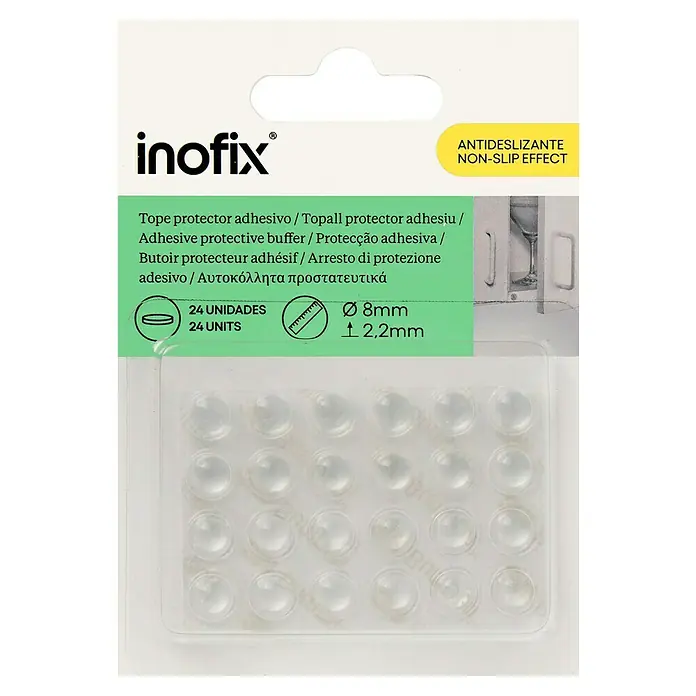 Inofix Adhesivo antideslizante 4050-2 - Diámetro: 8 mm, Transparente, Pegado, 25 pzs. - Inofix protectores antideslizantes: 24 topes autoadhesivos para muebles, Ø 8 mm, 2,2 mm de altura, para una sujeción segura y protección contra arañazos.