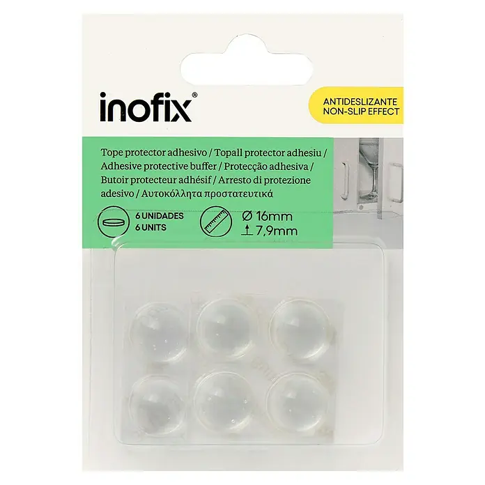 Inofix Adhesivo antideslizante 4052-2 - Diámetro: 16 mm, Transparente, Pegado, 6 pzs. - Topes protectores adhesivos "inofix" para proteger superficies. Diámetro 16 mm, altura 7,9 mm, 6 unidades, efecto antideslizante.